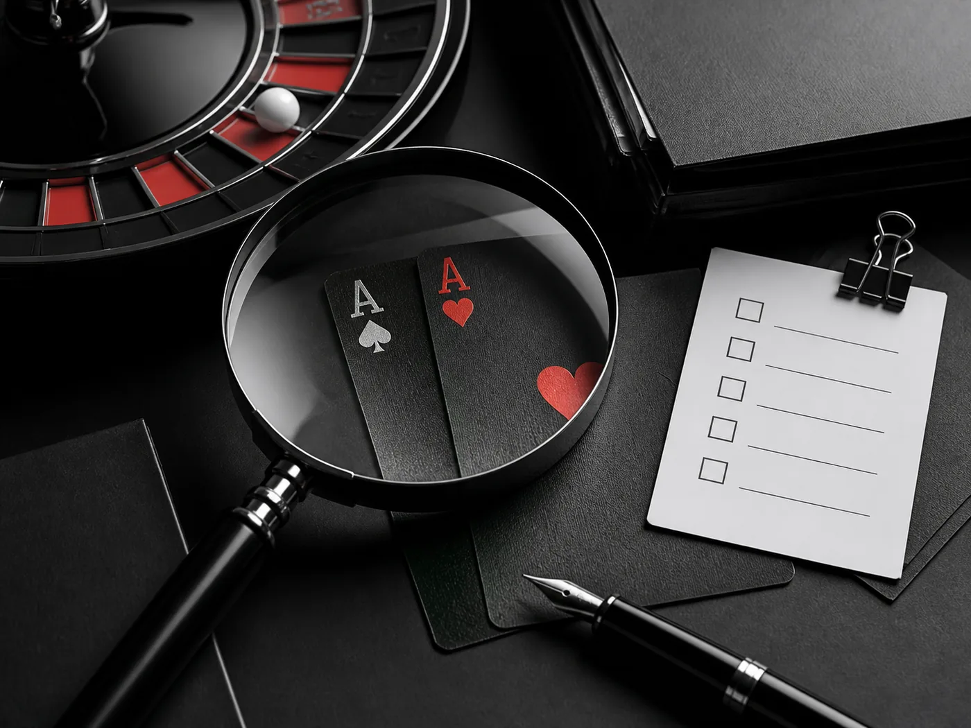 Mesa editorial com cartas, lupa e checklist de avaliação de cassino